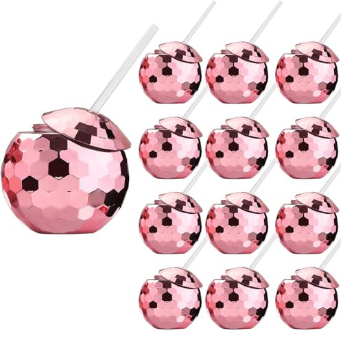 ALINK Disco Ball Cups with Straws, 20 OZ Rose Gold Sparkly Disco Party Tumbler for Bachelorette Party, Bride Shower, 1970s Party, Taylor Barbie Birthday Party Decorations, Pack of 12