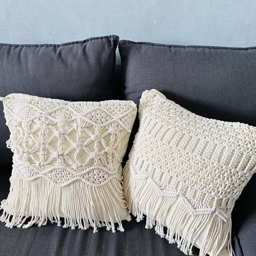 kiido Makramee-Kissenbezüge, gewebt, Boho, bequem, quadratisch, mit Quasten, 2 Stück, dekorativer Kissenbezug (43,2 x 43,2 cm), AB-Stil, Welle