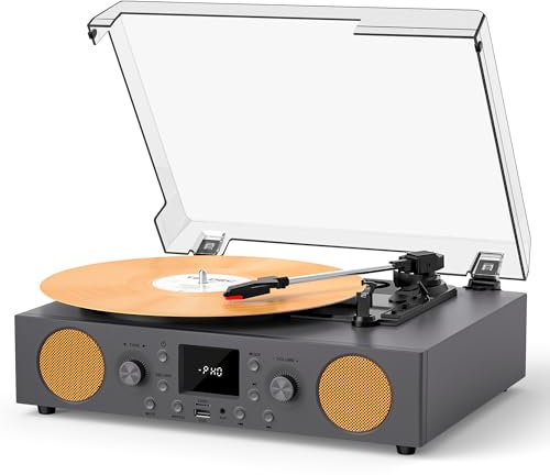 Giradischi in vinile con altoparlante, audio muto registrazione USB, giradischi vintage a 3 velocità con Bluetooth radio FM RCA Line Out e AXU-in, grigio
