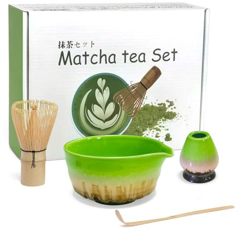 Mycketop Premium Matcha Set 4 PCS, Fouet en bambou, Cuillère, Bol en céramique avec bec verseur, Porte-chasen, Cadeau pour les amateurs de matcha, Vert dégradé