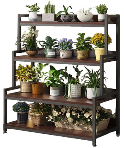 DECORN Pflanzenständer Indoor Outdoor - Holz-Regalhalter mit Metallrahmen für mehrere Pflanzen - Industrielle Leiter Blumenregale für Garten, Wohnzimmer,Schwarz,83cm/32.7 L