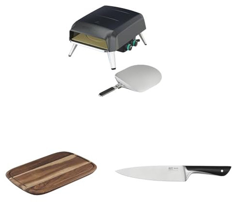 Jamie Oliver by Tefal Ultimate Bundle Outdoor Gas Pizza Oven, Chopping Board & 20cm Chef's Knife, Rotating Stone for Homemade Pizza, Pizza Parties, includes Pizza Peel, Gas Hose and Regulator