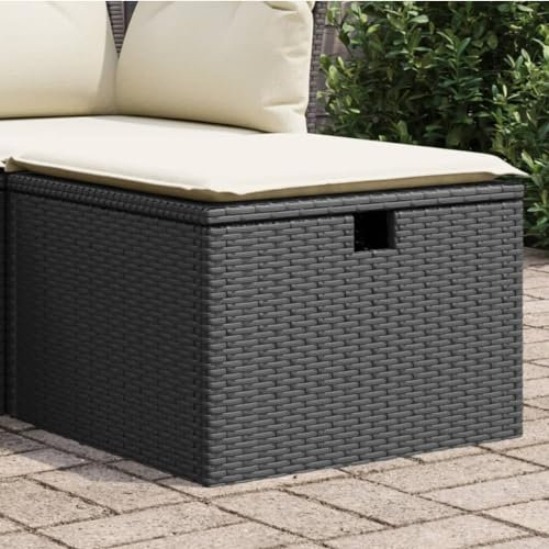 Gartensessel, Gartenhocker, UV-beständig, Ottomanen mit Stauraum und Kissen, Balkon Hocker, Lounge Sitzhocker für Garten, Terrasse und Innenhof, Schwarz 55x55x37 cm Poly Rattan