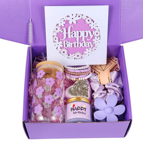 ONIYEA Birthday Gift for Teen Girls, 7 Cute Gifts with Tasks, Happy Birthday Gift Ideas,Trendy Preppy Stuff for Teen Girls, Christmas, Cute Daisy Aesthetic Glass Cups Tumbler Gifts Set 7pcs (Purple)
