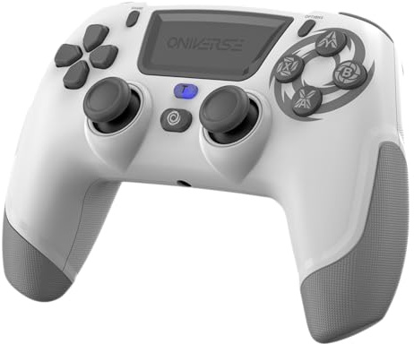 Oniverse Kabelloser Controller für PS4 PS3 PC ANDROID iOS, Kopfhöreranschluss, Hall-Effekt-Joystick, Wiederaufladbarer 1000mAh-Akku, Makro-Tasten, Wake-up-Funktion, 6-Achsen-Gyroskop, Revolt White