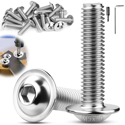 TXXATX Tornillos M5x50mm Cabeza Plana con Brida 30 Piezas Tornillería Inox | Hexágono Interno, ISO 7380-2, Roscados Totalmente, para Fabricación de Muebles, Estructuras Vehiculares
