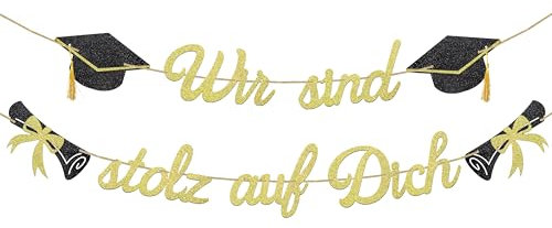 Glitzer 2025 Graduation Deko Girlande, Wir sind stolz auf Dich Abschluss Deko Banner, Bachelor Hut Hängedeko für Abitur, Bachelor und Master Graduation Abschlussparty Dekoration (Gold W)