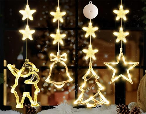 Guidre 4 Stück LED Sterne Weihnachtsbeleuchtung,Saugnapf Weihnachten Lichter,8 x Stern+4 x Weihnachtselemente,Batteriebetrieben,für Weihnachtsdeko