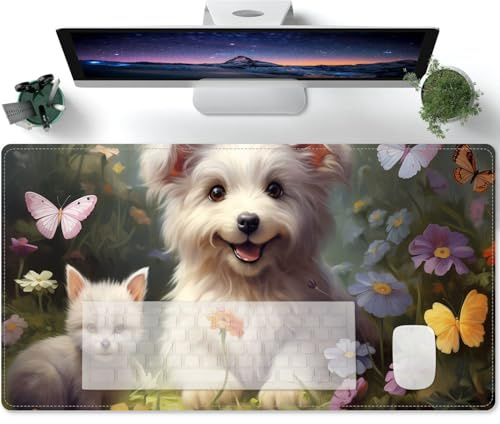 Mouse Mat Cute puppy flower butterfly xxl Mousepad Large Motif Table Mat Large Size Improves Precision and Speed Also for Roccat Razer Logitech Mouse and Keyboard 600x300x3mm