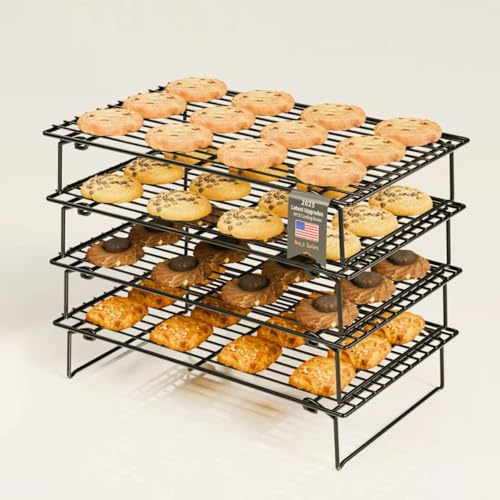 4PCS Cooling Racks for Cooking and Baking, Collapsible 4 Tiers 25X40cm Cool Batches of Cookies, Non-Stick & BPA-Free, Oven and Dishwasher Safe (Black-148)