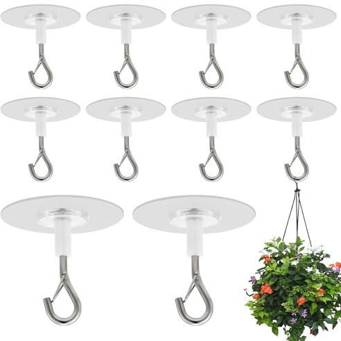 Leikedun 10 Pcs Self Adhesive Ceiling Hooks Heavy Duty Ceiling Hooks | Strong No-Drill Sticky Hooks for Hanging Planters Wind Chimes Lights Outdoor Decor, Durable & Removable