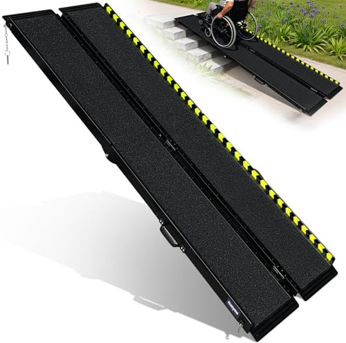 Huayaw 8FT Portable Wheelchair Ramp Folding Aluminum Ramp for Home Doorways | Anti-Slip Mobility Handicap Ramp with Side Rails for Steps Stairs Thresholds Entryways Wheelchairs Scooters and Strollers