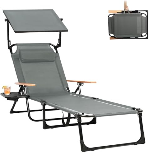 YUODIJIO Tumbonas Plegables con 4 Respaldos Ajustables, Silla Plegable Jardin,Tumbonas Playa Ligera con Reposacabezas y Portavasos, para Playa, Jardín, Patio, Pi (Gris con Parasol)