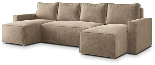 Masseno Ecksofa ASPRA LM mit Schlaffunktion U-Form, Klassisch Sofa mit Bettkasten, Wohnzimmersofa, Couch, Soffa, Bettsofa, Couchgarnitur - Beige, LUMO 30