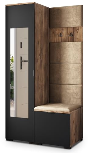 Masseno Flugarderoben Set VIRA, Kleiderschrank-Set mit Spiegel und Sitzbank, Garderobenschrank Flur mit 3 Regalböden, Eiche Lefkas/Schwarz