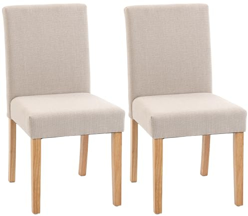 HOMCOM Esszimmerstühle 2er Set Rückenlehne Leinenoptik Essstuhl Beige | Küchenstuhl, Moderner Polsterstuhl, Kautschukholzbeinen, für Esstisch, Wohnzimmer, Esszimmer