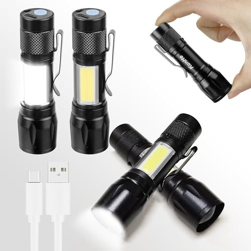 KunHeTaschenlampe LED Aufladbar USB-C Kleine Taschenlampe mit COB Seitenlicht und Clip 300 Lumen 500 mAh Zoombare Mini Handlampe für Camping Notfall Geschenk für Männer Handwerker, 4 Stück