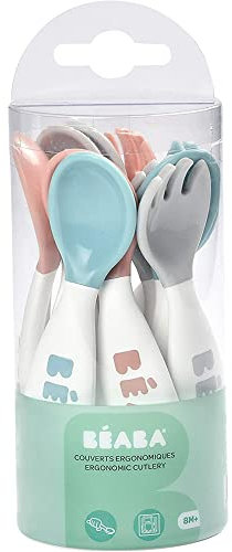 BÉABA, Set Premiers Couverts ergonomiques, Lot de 6 Cuillères & 4 Fourchettes, Manche court et arrondis, Prise en main facile pour Bébé, Adaptée aux droitiers et aux gauchers, Gris/Bleu/Rose