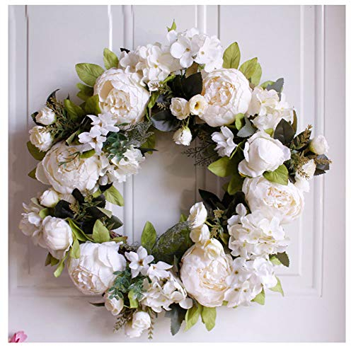 GUOCU Weißer Pfingstrosen Kranz Künstliche Blumen Kranz Gefälschte Deko-Kranz Dekorative Landschaftsbau Kranz Für Outdoor Türkranz,Zuhause, Parties Milchweiß Durchmesser 40cm