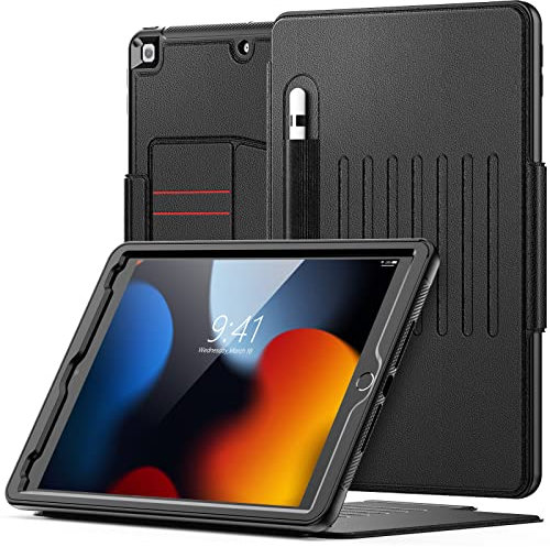SEYMAC Hülle für iPad 9./8./7. Generation 10,2 Zoll 2021/2020/2019, Tropfenfeste Robuste Hülle mit 7-Winkel-Magnetständer, Stifthalter, Kartenfächer, Automatische Wake/Sleep Smart-Cover, Schwarz