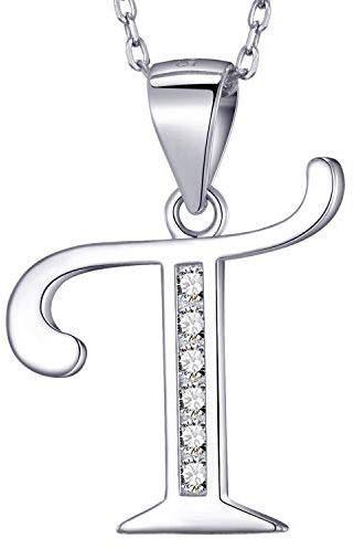 MASADA 925 Silber Buchstaben-Halskette - Initialen-Anhänger mit Zirkonia-Steinen - Buchstabe T - 46 cm Kette mit Samtbeutel