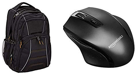 Amazon Basics Laptop Computer Backpack with padded shoulder straps and Organizational compartments (Black) & Ergonomic Wireless Mouse - DPI adjustable - Black