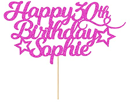 Personalised Happy Birthday Cake Topper Customised with Any Age Name Party Cake Decoration 16 18 21 40 60 Double Sided Glitter Card Pink