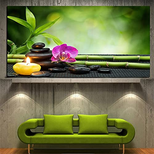 HD impression moderne orchidée Zen Spa pierre bambou bougie peinture à l'huile sur toile Art affiche fleur mur Art photo, pour salon décoration murale Pas de cadre (Size : 60 x 120 cm Unframed)