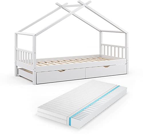 VitaliSpa Hausbett Design, Bett aus Holz, Weiß, 90x200 cm mit Gästebett und Matratze