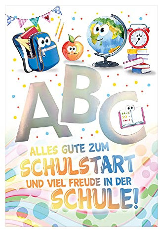 KE - Fröhliche Einschulungskarte für Kinder, Farbenfrohe Glückwunschkarte zum Schulstart, DIN B6 Format, inkl. Umschlag - Motiv: Schulfächer
