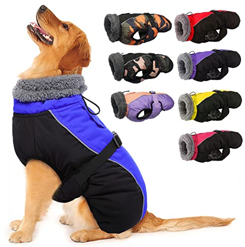 IECOii Hundemantel, Reflektierende Streifen, Fleece, Blau XXXL | Warme Winterjacke für kalte Tage, Hoher Kragen, Geschirröffnung, Schnellverschluss, Elastische Beinschlaufen