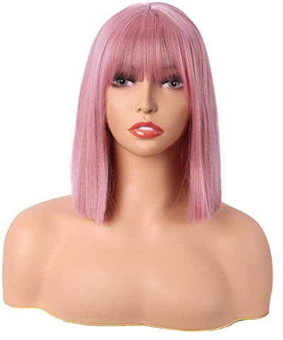 MapofBeauty 12 Zoll/30 cm Gerade Bob Mit Flat Pony Kurze Bunt Synthetische Haarfasern Cosplay Partys Perücke (Rouge Rosa)
