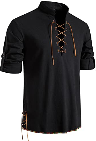 LucMatton Herren Retro Schnürung Mittelalter Kostüm Shirts für Halloween Cosplay Wikinger Pirat Steampunk Vampir Renaissance Gothic Viktorianische Kleidung Schwarz X-Large