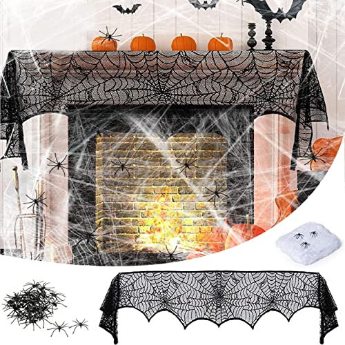 Halloween Spinnennetz Deko, Grusel Deko Set, Schwarz Spitze Spinnennetz Kamin Tür Dekostoff mit 100g Spinnweben und 60 Spinnen Horror für Karneval Fasching Halloween Dekoration von Haus und Garten