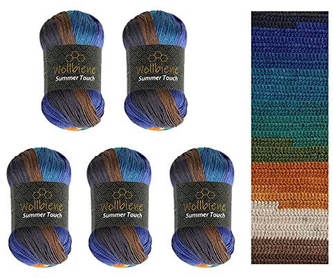 Wollbiene Summer Touch Batik 5 x 100 Gramm Wolle Mehrfarbig mit Farbverlauf, 500 Gramm merzerisierte Strickwolle Microfiber-Acryl (512 türkis braun orange)