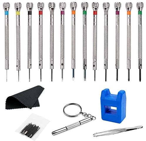 13 Pezzi Cacciaviti Precisione Orologiaio 0,6 – 2,0 mm, Kit Cacciaviti di Precisione con Smagnetizzatore, Giraviti Precisione per Riparazione di Orologi e Riparazione Elettronica (13 Pezzi)