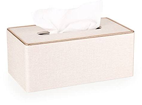 BTSKY Rechteckige Taschentuchbox aus Leinen mit dekorativer Goldlinie – Seidenpapierhalter, Taschentuchabdeckung, Organizer, Taschentuchspender, Serviettenbox, Beige