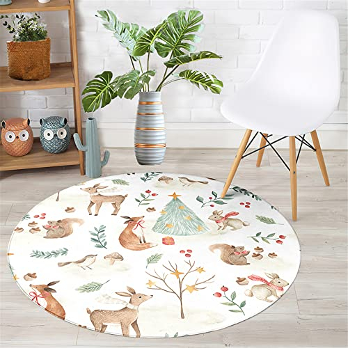 Chickwin Teppich Rund Weihnachten, 3D Elch Muster rutschfeste Teppiche für Wohnzimmer Flanell Flauschig Weich Fußmatte für Schlafzimmer Kinderzimmer Küche-1 (Karikatur REH,Durchmesser 120cm)