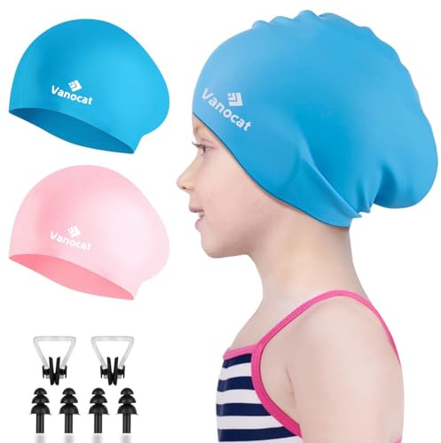 Vanocat 2 Pack Kids Swimming Cap Short/Long Hair, Unisex Silicone Swimming Hat for Age 3-15 Children Toddler Teen, Waterproof Shower Swim Cap for Girls Boys with Ear Plugs & Nose Clip