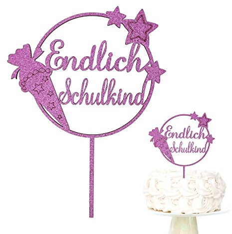 Oblique Unique® Endlich Schulkind Holz Torten Topper Glitzernd für Schuleinführung Einschulung Schulanfang von Jungs und Mädchen Topper Kuchendeckel (Rosa)