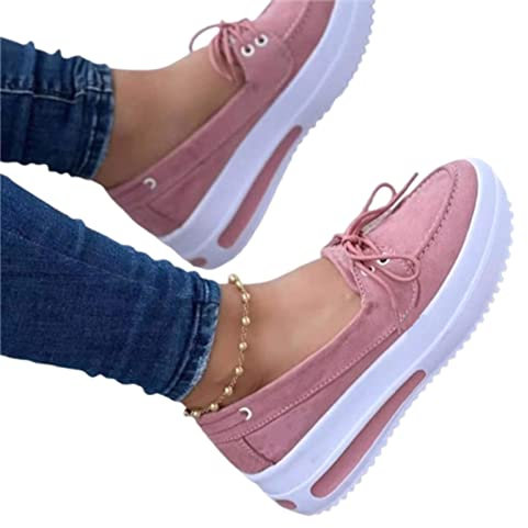 Scarpe da ginnastica da donna con zeppa e plateau, scarpe basse senza lacci, scarpe casual con suola spessa, comode, da lavoro, da passeggio, per tutti i giorni, in tela, basse, rosa