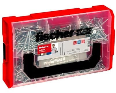 fischer FixTainer PowerFast II Spanplattenschraube, vorsortierte Sortimentsbox mit 700 Schrauben und 2 Bits, Senkkopf, Teilgewinde, Vollgewinde und PZ-Antrieb, universelles Set zur Befestigung