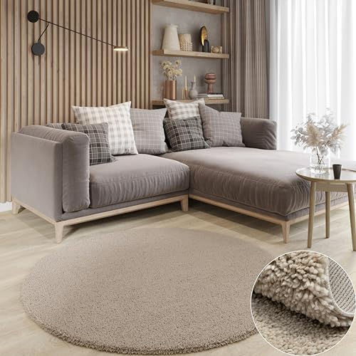 MY-RUG Teppich Shaggy Star Hochflor rund beige 100 x 100 cm - Schlafzimmer Teppich, Kuschelteppich, Einfarbig