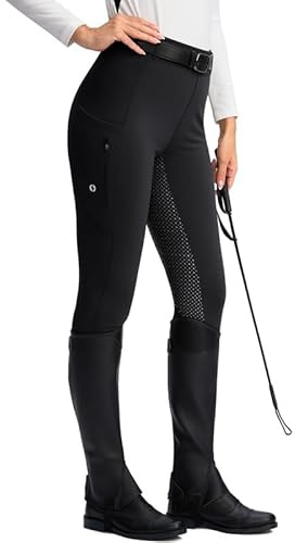 SANTINY Pantaloni da equitazione da donna, con tasche con cerniera, in silicone, con seduta intera, collant per scuola equestre, nero, S
