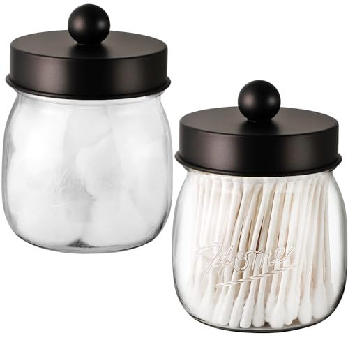 Farmhouse Decor Apothecary Jar Set,Mason Jar Bathroom Vanity Storage Organizer Canister - Qtip Holder Plastic Acrylic Jar for Cotton Swabs,Cotton Pads,Floss Picks,Paper Clips,Hair Clips(2 Pack,Bronze)