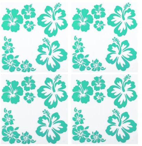 GORGECRAFT 4 Blatt Hawaii-Hibiskusblüten-Autoaufkleber Türkisfarbener Laser-Autoaufkleber Sonnenschutz Reflektierend Selbstklebend Autozubehör Automobil-Außendekoration Für SUV Laptop