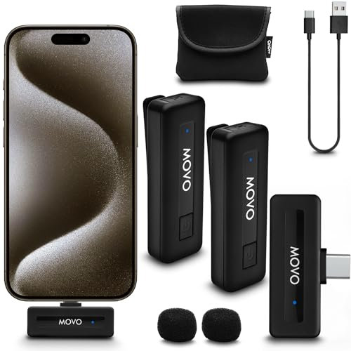 Movo Mini USB-C Duo Wireless Microphone for iPhone 15/16/17 and up - Ultracompact Microphone for iPhone 15/16/17 with Clip on Wireless Lavalier Mic