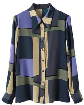 Pulcykp Frauen Plaid Shirts Seide Einreiher Gedruckt Chic Blusen Frühling Sommer Büro Top, plaid, Small