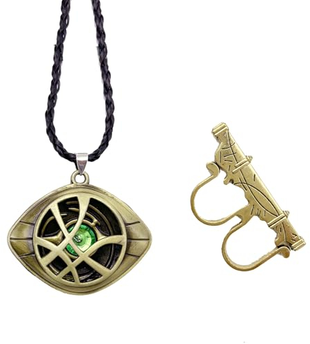 Doctor Strange Halskette Kinder, Dr Strange Kostüm Retro Kette Cosplay Necklace, PQKL-party Doctor Strange Eye Of Agamotto Schmuck Augenaugen Anhänger und Ring Set Anime Requisiten Geschenke für Fans