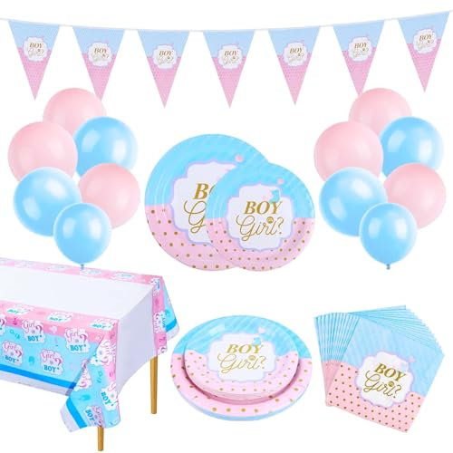 Aitsite 16 Gäste Baby Shower Gender Reveal Pappteller, 62 Stück Gender Reveal Party Geschirr Set, Gender Reveal Party Dekoration Tischtücher Luftballons Girlande Servietten
